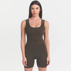 NikeSKIMS MATTE DOUBLE STRAP SCOOP TANK | DARK SEPIA ON A MODEL FRONT VIEW @ | FOCUS: 0.0, 1.0, 0.9