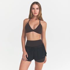 NikeSKIMS STUDIO STRETCH T-BACK TRIANGLE BRA | DARK ROASTON A MODEL FRONT @ | FOCUS: 0.0, 1.0, 0.9