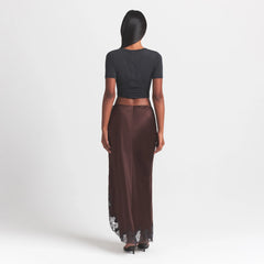 SILK LACE SKIRT | ESPRESSO CONTRAST ON A MODEL FRONT VIEW @ | FOCUS: 0.0, 1.0, 0.9
