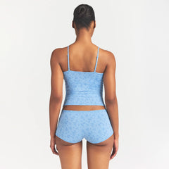 LIGHTWEIGHT COTTON LACE CAMI AND BOY SHORT SET | SURF DAINTY FLORAL PRINT ON A MODEL SIDE VIEW @ | FOCUS: 0.0, 1.0, 0.9