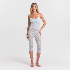 STRETCH LACE RUFFLE CAMI | POWDER BLUE ON A MODEL FRONT VIEW @ | FOCUS: 0.0, 1.0, 0.9
