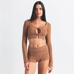 SWEATER KNIT CROPPED CARDIGAN | DARK HONEY ON A MODEL FRONT VIEW @ | FOCUS: 0.0, 1.0, 0.9