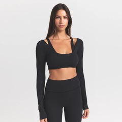 WOOL RIB LONG SLEEVE SUPER CROPPED TOP | OBSIDIAN ON A MODEL FRONT VIEW S | FOCUS: 0.0, 1.0, 0.9