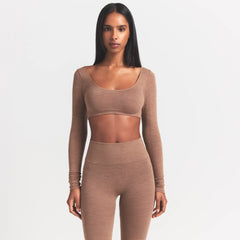 WOOL RIB LONG SLEEVE SUPER CROPPED TOP | SIENNA ON A MODEL FRONT VIEW S | FOCUS: 0.0, 1.0, 0.9