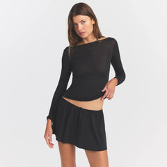 SHEER MODAL LONG SLEEVE BOATNECK TOP | ONYX ON A MODEL SIDE VIEW @ | FOCUS: 0.0, 1.0, 0.9