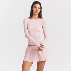 SHEER MODAL LONG SLEEVE BOATNECK TOP | PRIMROSE ON A MODEL SIDE VIEW