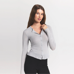 SHEER MODAL CARDIGAN | HEATHER GREY ON A MODEL FRONT VIEW S | FOCUS: 0.0, 1.0, 0.9