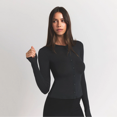 SHEER MODAL CARDIGAN | ONYX ON A MODEL FRONT VIEW S | FOCUS: 0.0, 1.0, 0.9