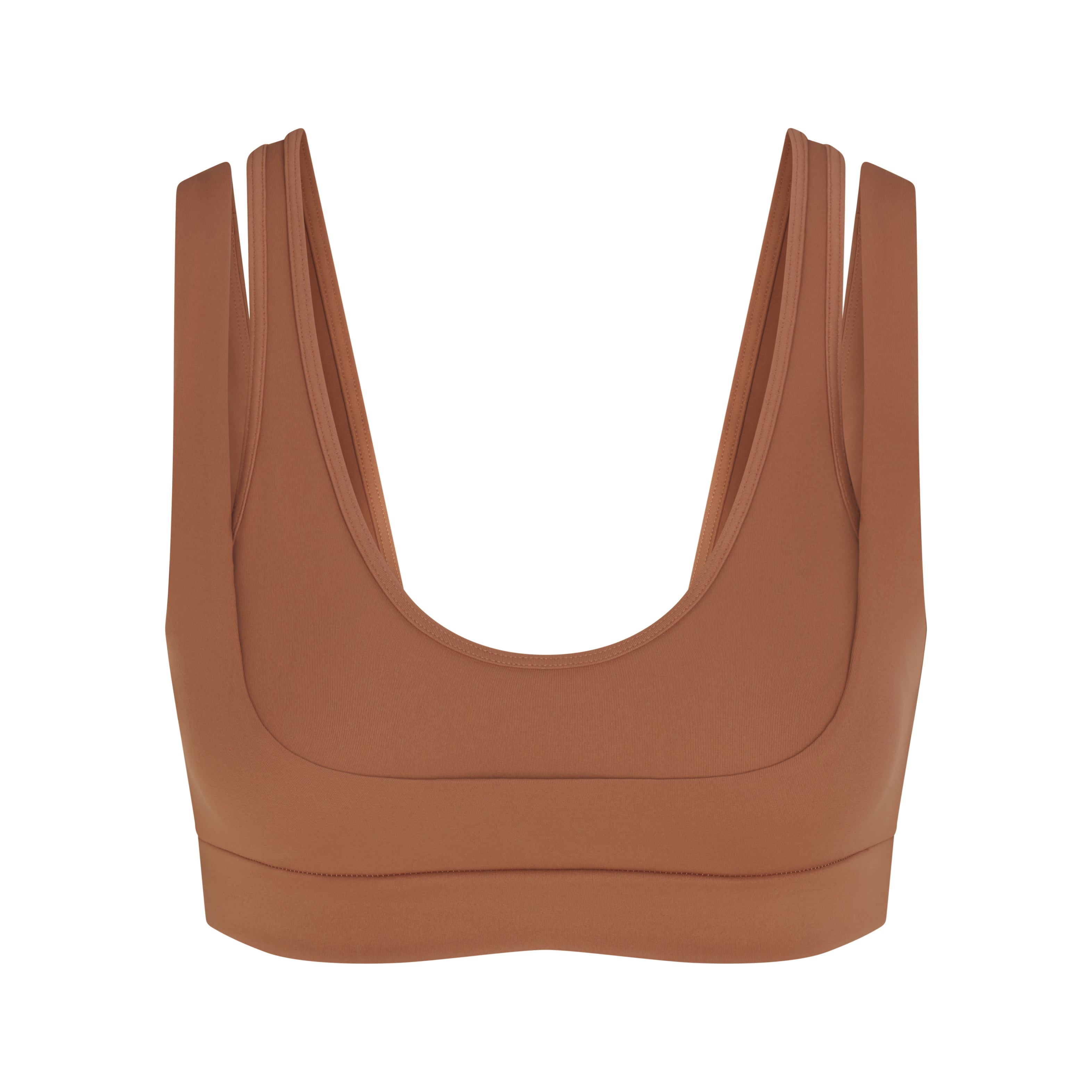 NikeSKIMS MATTE DOUBLE STRAP SCOOP BRA | CAROB BROWN FLAT ON A WHITE BACKGROUND | FLT