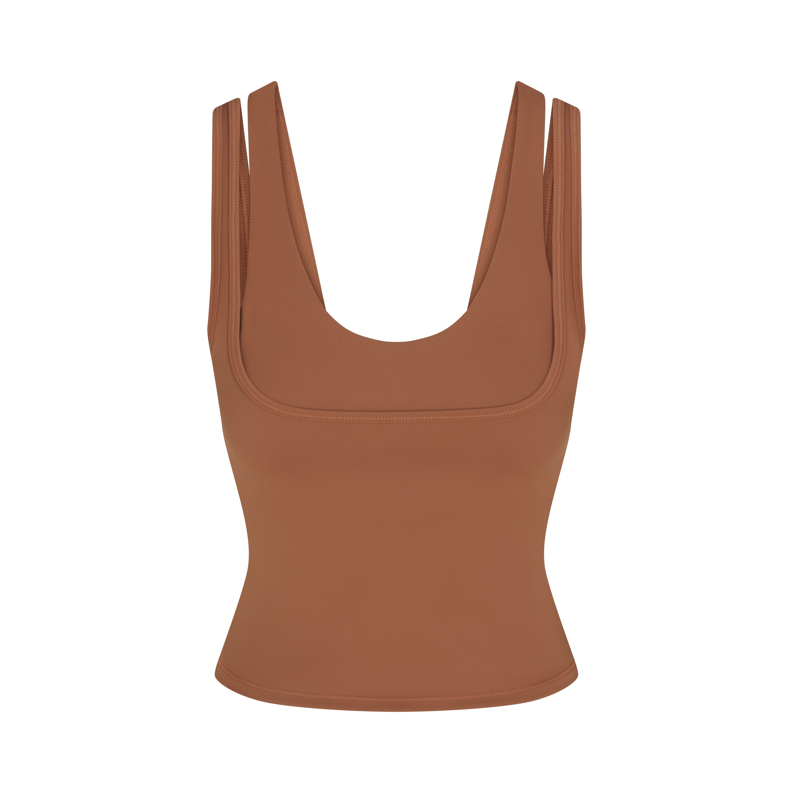 NikeSKIMS MATTE DOUBLE STRAP SCOOP TANK | CAROB BROWN FLAT ON A WHITE BACKGROUND | FLT