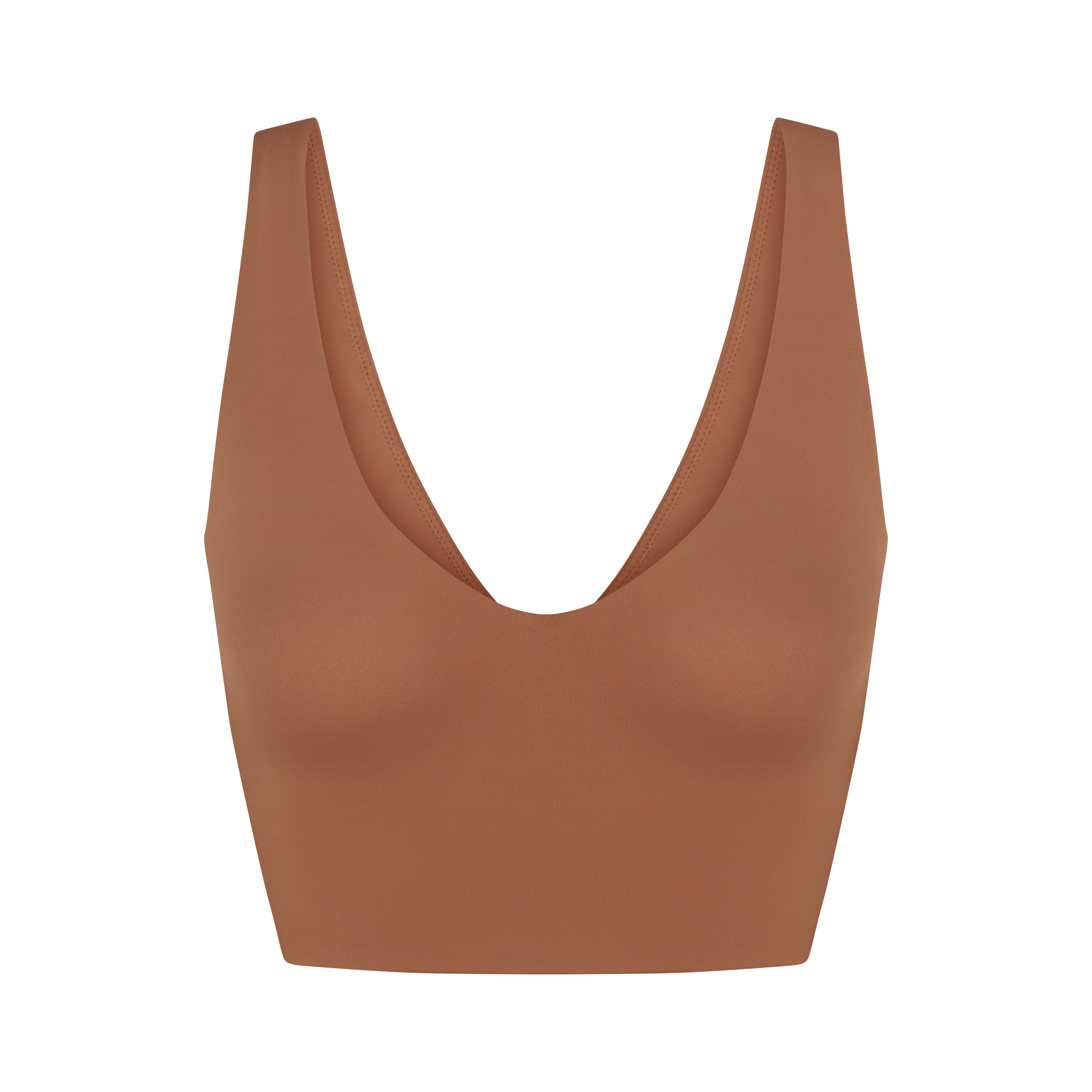 NikeSKIMS MATTE V-NECK BRA TOP | CAROB BROWN FLAT ON A WHITE BACKGROUND | FLT