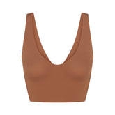 NikeSKIMS MATTE V-NECK BRA TOP | CAROB BROWN FLAT ON A WHITE BACKGROUND | FLT