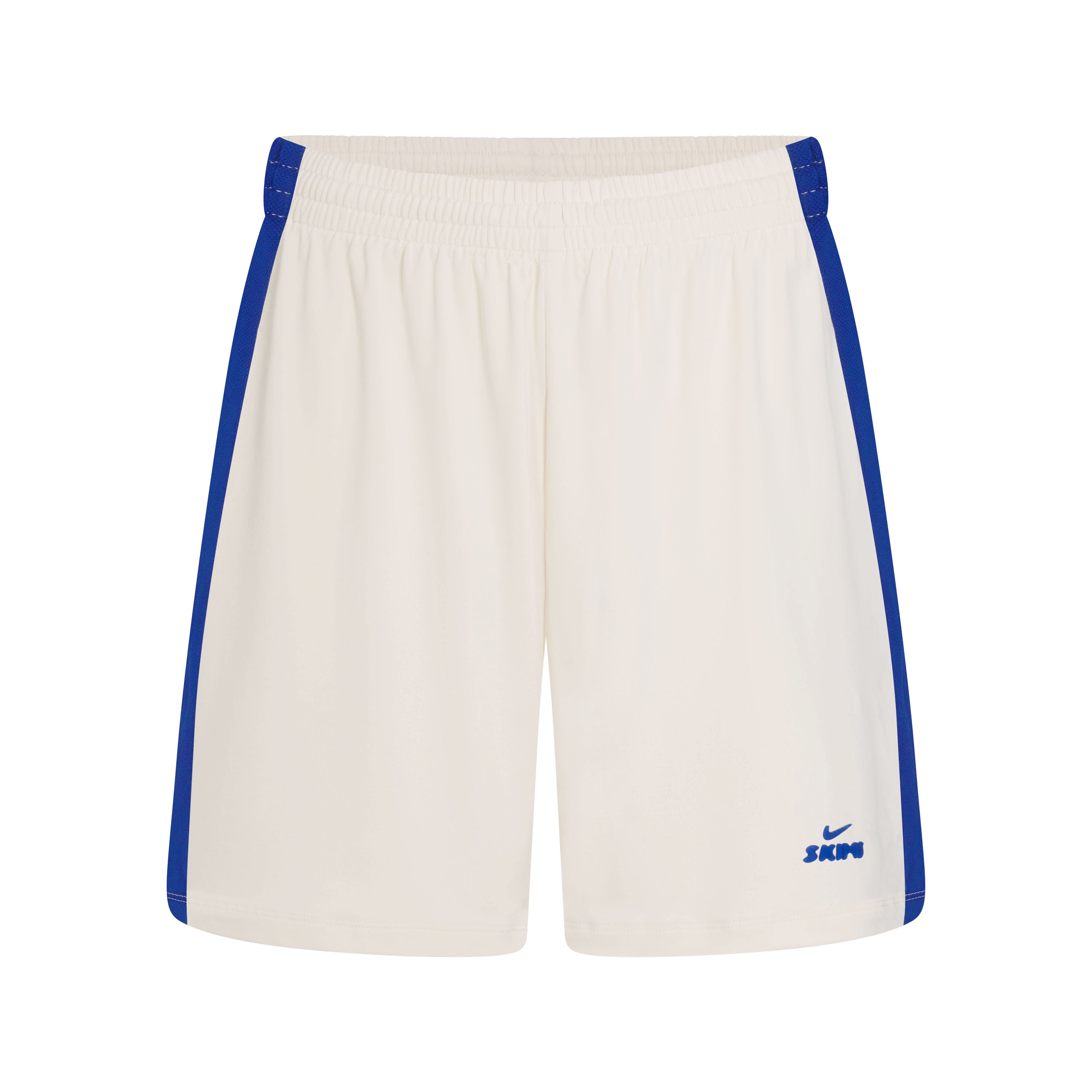 NikeSKIMS STRETCH KNIT DOLPHIN SHORT | NSKM ACTV IVORY/NSKM COBALT FLAT ON A WHITE BACKGROUND | FLT