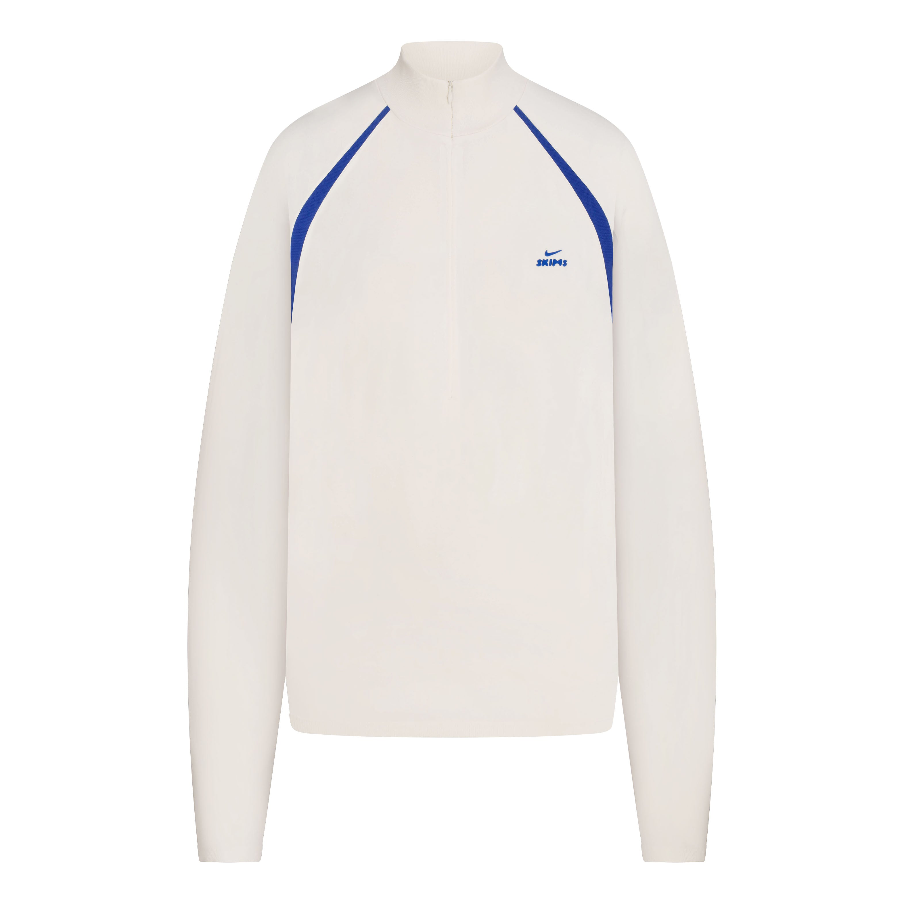 NikeSKIMS STRETCH KNIT LONG SLEEVE HALF ZIP | NSKM ACTV IVORY/NSKM COBALT FLAT ON A WHITE BACKGROUND | FLT