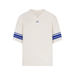 NikeSKIMS STRETCH KNIT V-NECK OVERSIZED TOP | NSKM ACTV IVORY/NSKM COBALT FLAT ON A WHITE BACKGROUND | FLT