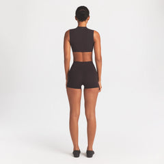NikeSKIMS STUDIO STRETCH 3" SHORT | DARK ROAST ON A MODEL FRONT VIEW @ | FOCUS: 0.0, 1.0, 0.9