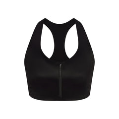 NikeSKIMS SHINE RACER BACK ZIP FRONT BRA | NSKM OBSIDIAN FLAT ON A WHITE BACKGROUND | FLT
