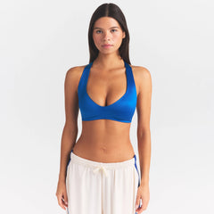 NikeSKIMS SATIN SHINE PLUNGE T-BACK BRA | COBALT ON A MODEL SIDE VIEW @ | FOCUS: 0.0, 1.0, 0.9