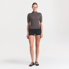 NikeSKIMS WEIGHTLESS LAYERS MOCK NECK SHORT SLEEVE T-SHIRT | BOULDER ON A MODEL FRONT VIEW @ | FOCUS: 0.0, 1.0, 0.9