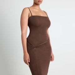 VETTESE X SKIMS SHEER MODAL LONG DRESS | COCOA ON A MODEL SIDE VIEW | FOCUS: 0.0, 1.0, 0.9
