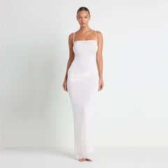 VETTESE X SKIMS SHEER MODAL LONG DRESS | ECRU ON A MODEL FRONT VIEW | FOCUS: 0.0, 1.0, 0.9 @ | FOCUS: 0.0, 1.0, 0.9