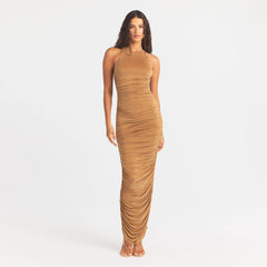 CUPRO JERSEY RUCHED LONG DRESS | ALMOND ON A MODEL FRONT VIEW @ | FOCUS: 0.0, 1.0, 0.9