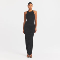 CUPRO JERSEY RUCHED LONG DRESS | OBSIDIAN ON A MODEL FRONT VIEW @ | FOCUS: 0.0, 1.0, 0.9