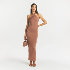 SMOOTH LAYERS CONVERTIBLE LONG DRESS | NUTMEG ON A MODEL FRONT VIEW @ | FOCUS: 0.0, 1.0, 0.9