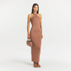 SMOOTH LAYERS CONVERTIBLE LONG DRESS | NUTMEG ON A MODEL FRONT VIEW @ | FOCUS: 0.0, 1.0, 0.9