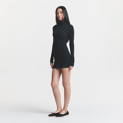 ESSENTIAL SWEATERS MOCK NECK MINI DRESS | ONYX ON A MODEL FRONT VIEW @ | FOCUS: 0.0, 1.0, 0.9
