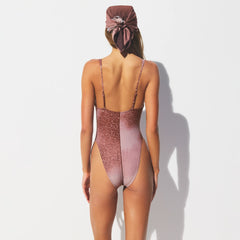 SIGNATURE SWIM PLUNGE ONE PIECE | HENNA FK OMBRE PRINT ON A MODEL SIDE VIEW
