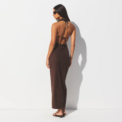 TERRY COVER-UPS DEEP PLUNGE HALTER WRAP DRESS | DARK SEPIA ON A MODEL FRONT VIEW @ | FOCUS: 0.0, 1.0, 0.9