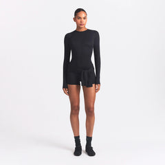 NikeSKIMS AIRY CREWNECK LONG SLEEVE ONE PIECE | OBSIDIAN ON A MODEL FRONT VIEW @ | FOCUS: 0.0, 1.0, 0.9
