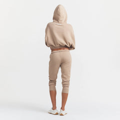 COTTON FLEECE CROPPED HOODIE | LATTE ON A MODEL FRONT VIEW @ | FOCUS: 0.0, 1.0, 0.9