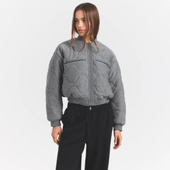 NEOPRENE OUTERWEAR REVERSIBLE BOMBER JACKET | DARK HEATHER GREY ON A MODEL FRONTVIEW @ | FOCUS: 0.0, 1.0, 0.9