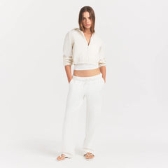 WOVEN COTTON CROPPED ZIP UP JACKET | EGRET ON A MODEL FRONT VIEW @ | FOCUS: 0.0, 1.0, 0.9