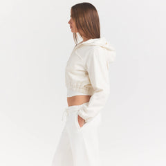 WOVEN COTTON CROPPED ZIP UP JACKET | EGRET ON A MODEL SIDE VIEW @ | FOCUS: 0.0, 1.0, 0.9