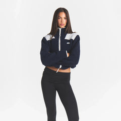 TEDDY BOXY ZIP UP JACKET | NAVY ON A MODEL | FOCUS: 0.0, 1.0, 0.9