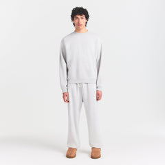 FLEECE LOUNGE MENS RELAXED HIGH CREWNECK | LIGHT HEATHER GREY ON A MODEL FRONT VIEW @ | FOCUS: 0.0, 1.0, 0.9