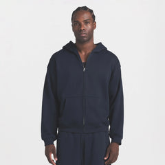 FLEECE LOUNGE MENS RELAXED ZIP UP HOODIE | NAVY ON A MODEL FRONT VIEW @ | FOCUS: 0.0, 1.0, 0.9