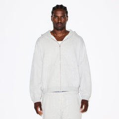 FLEECE LOUNGE MENS RELAXED ZIP UP HOODIE | LIGHT HEATHER GREY ON A MODEL SIDE VIEW @ | FOCUS: 0.0, 1.0, 0.9