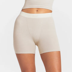 COTTON RIB BOXER | STONE ON A MODEL FRONT VIEW @ | FOCUS: 0.0, 1.0, 0.9