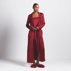 WOVEN SHINE LONG ROBE | BRICK ON A MODEL FRONT VIEW @ | FOCUS: 0.0, 1.0, 0.9