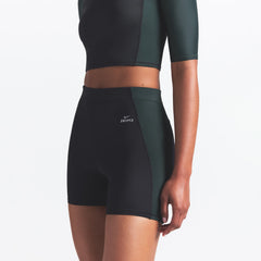NikeSKIMS SHINE 5" BIKER SHORT | OBSIDIAN AND DARK TEAL ON A MODEL SIDE VIEW @ | FOCUS: 0.0, 1.0, 0.9
