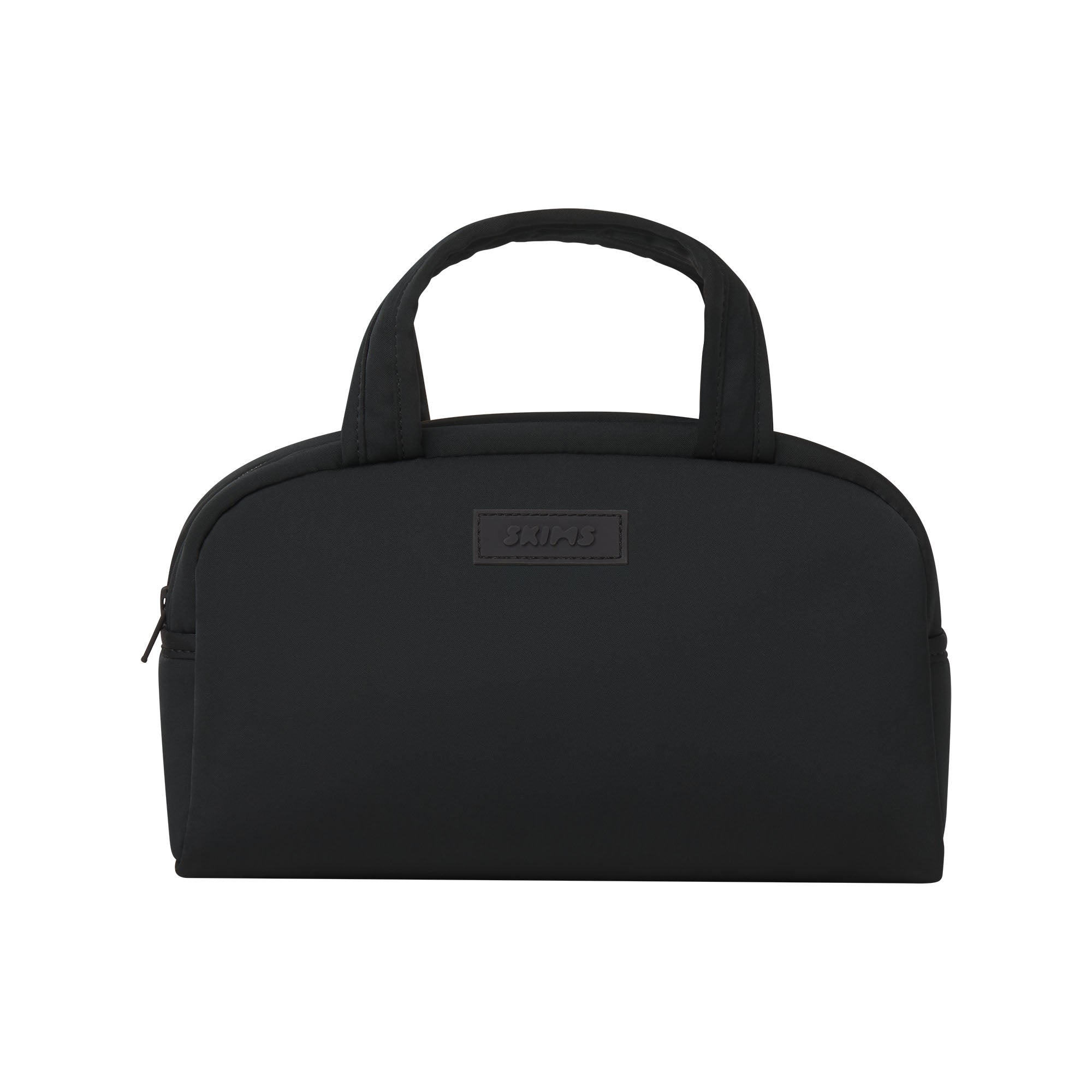 SKIMS ACCESSORIES SATIN MINI DUFFLE BAG | ONYX FLAT ON A WHITE BACKGROUND | FLT