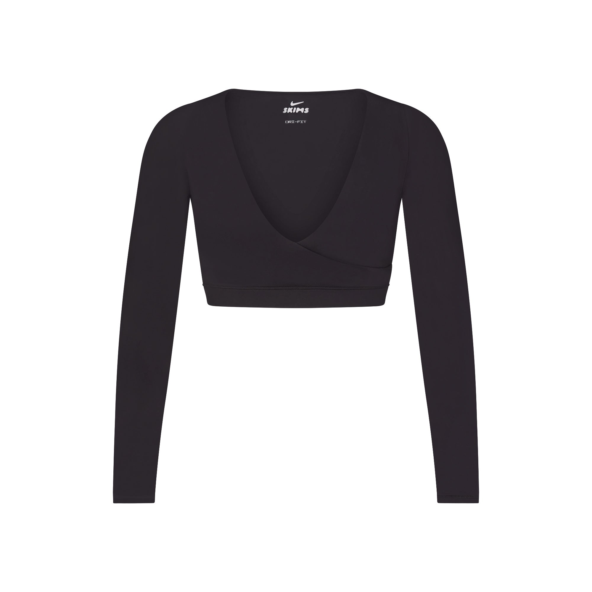 NikeSKIMS MATTE WRAP LONG SLEEVE CROPPED TOP | OBSIDIAN FLAT ON A WHITE BACKGROUND | FLT