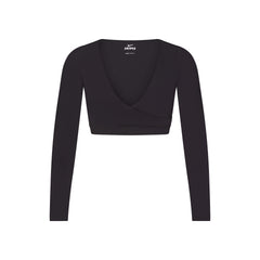 NikeSKIMS MATTE WRAP LONG SLEEVE CROPPED TOP | OBSIDIAN FLAT ON A WHITE BACKGROUND | FLT