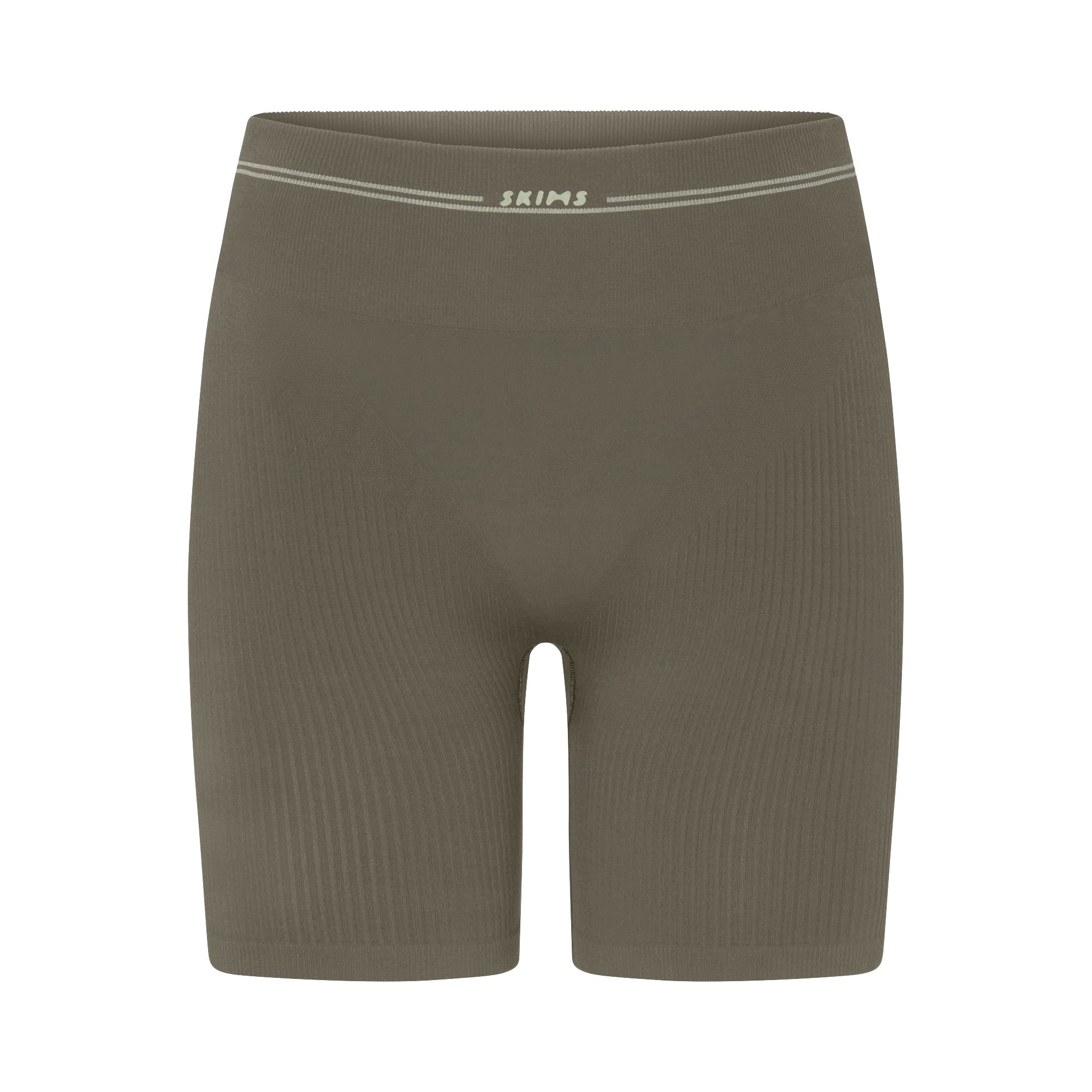NikeSKIMS RIBBED SEAMLESS 5" BIKER SHORT | DUSTY OAKMOSS FLAT ON A WHITE BACKGROUND | FLT