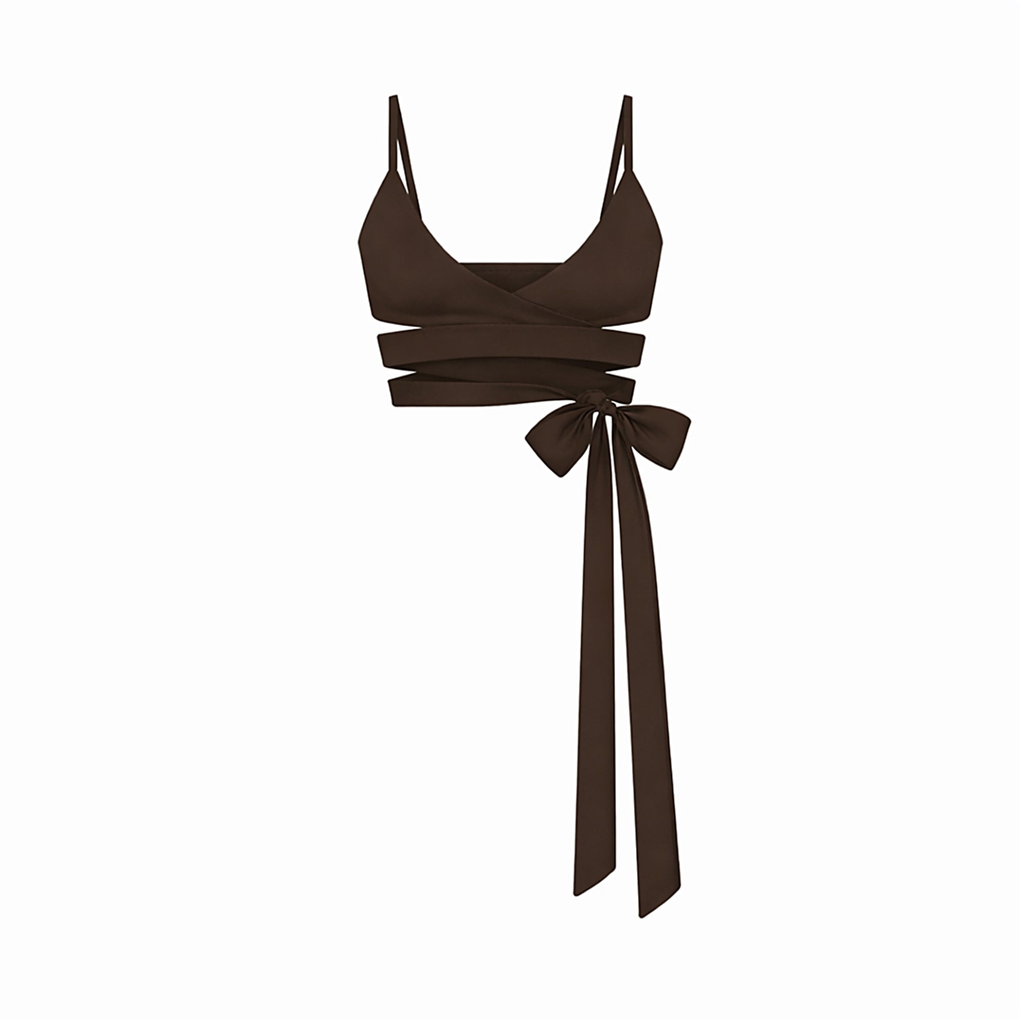 NikeSKIMS MATTE WRAP FRONT BRA | DARK SEPIA FLAT ON A WHITE BACKGROUND | FLT