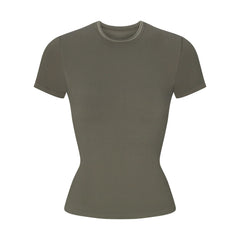NikeSKIMS RIBBED SEAMLESS BABY TEE | DUSTY OAKMOSS FLAT ON A WHITE BACKGROUND | FLT
